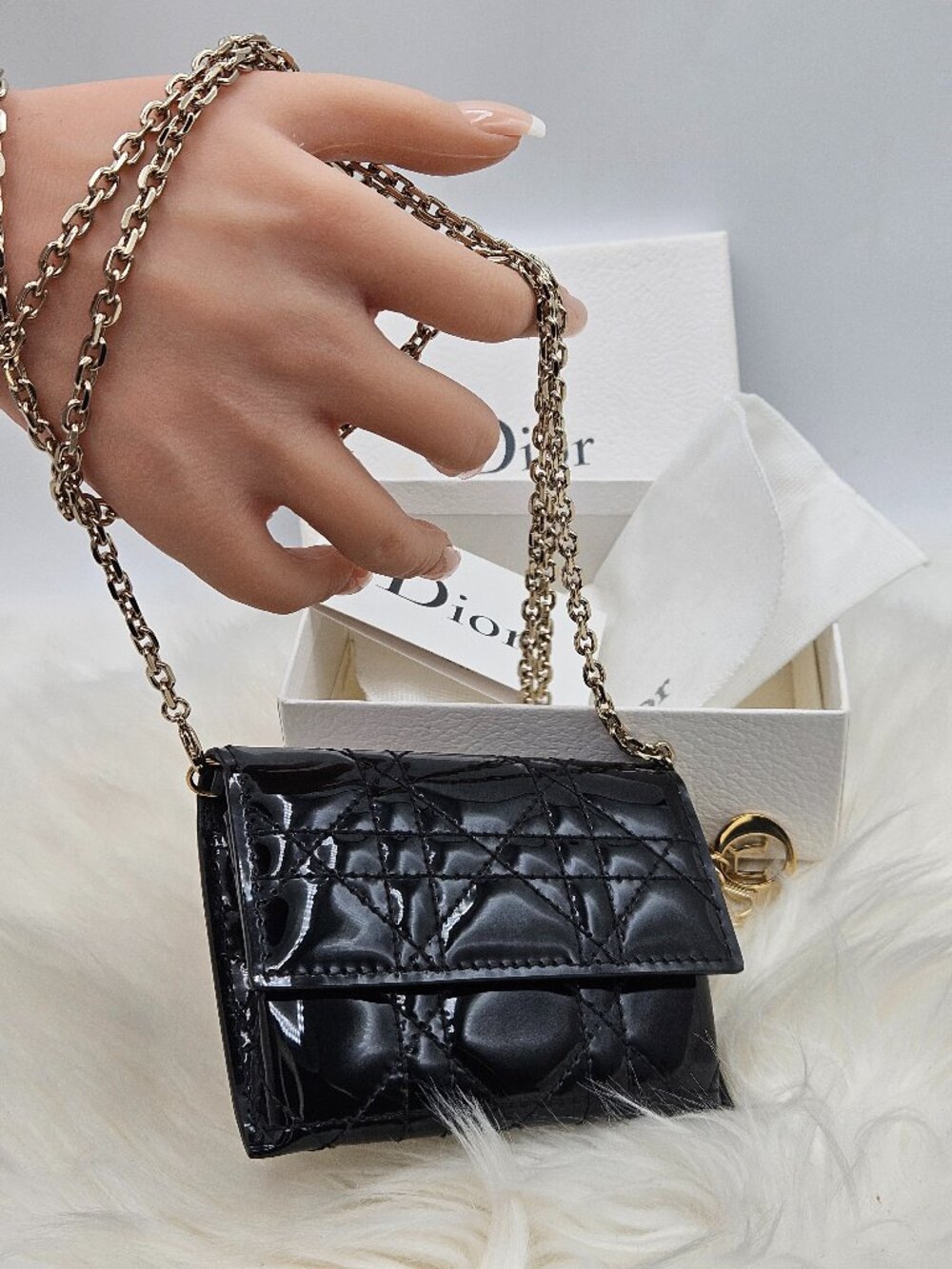 DIOR Nano Patent Cannage Lady Dior Chain Convertible Belt Pouch crossbody bag